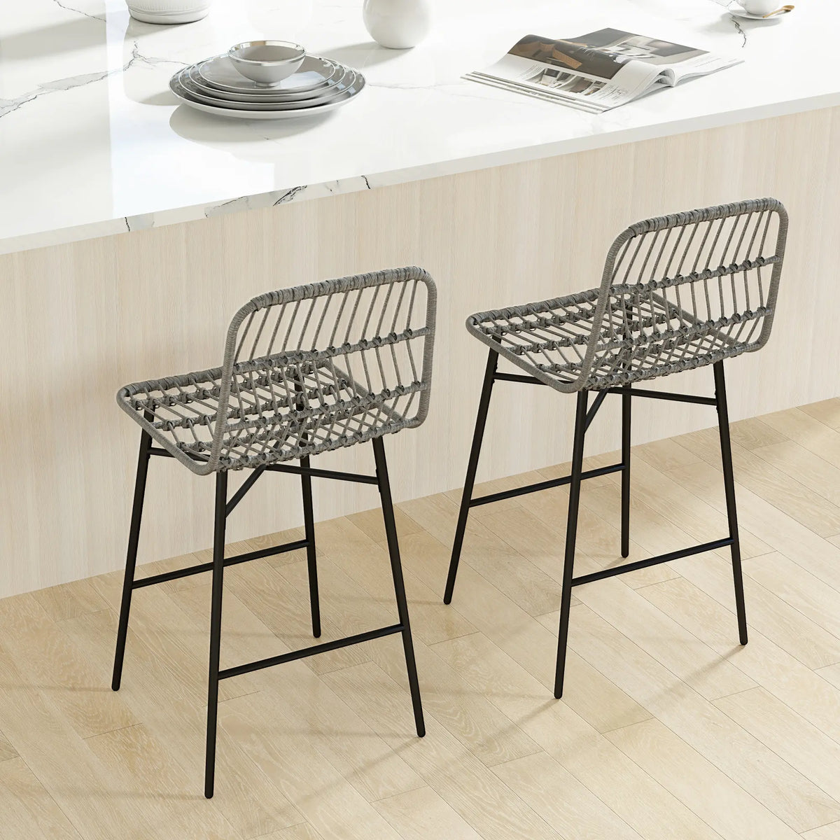 Rattan Counter Height Bar Stools, Set of 2, 26", Grey Bar Stools at Gallery Canada