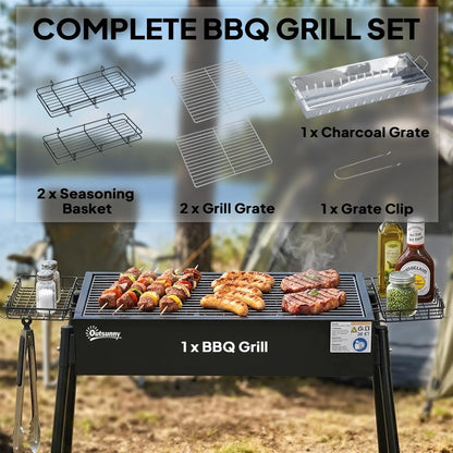 Portable Charcoal Grill With Side Baskets, Hooks, Nets, Black
