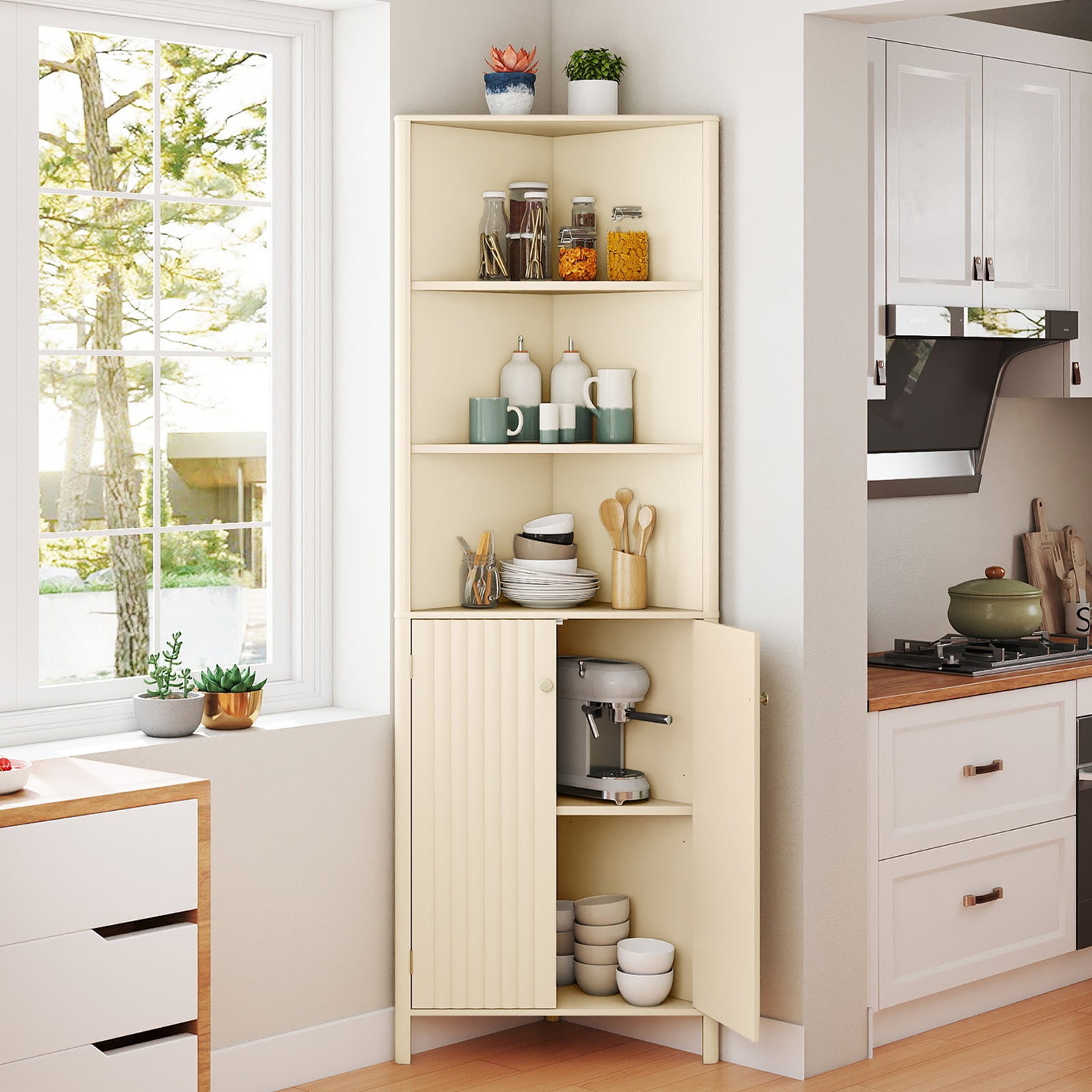 68 Inch Tall Corner Cabinet with 5 Shelves and 2 Fluted Doors for Bathroom, Beige Floor Cabinets at Gallery Canada