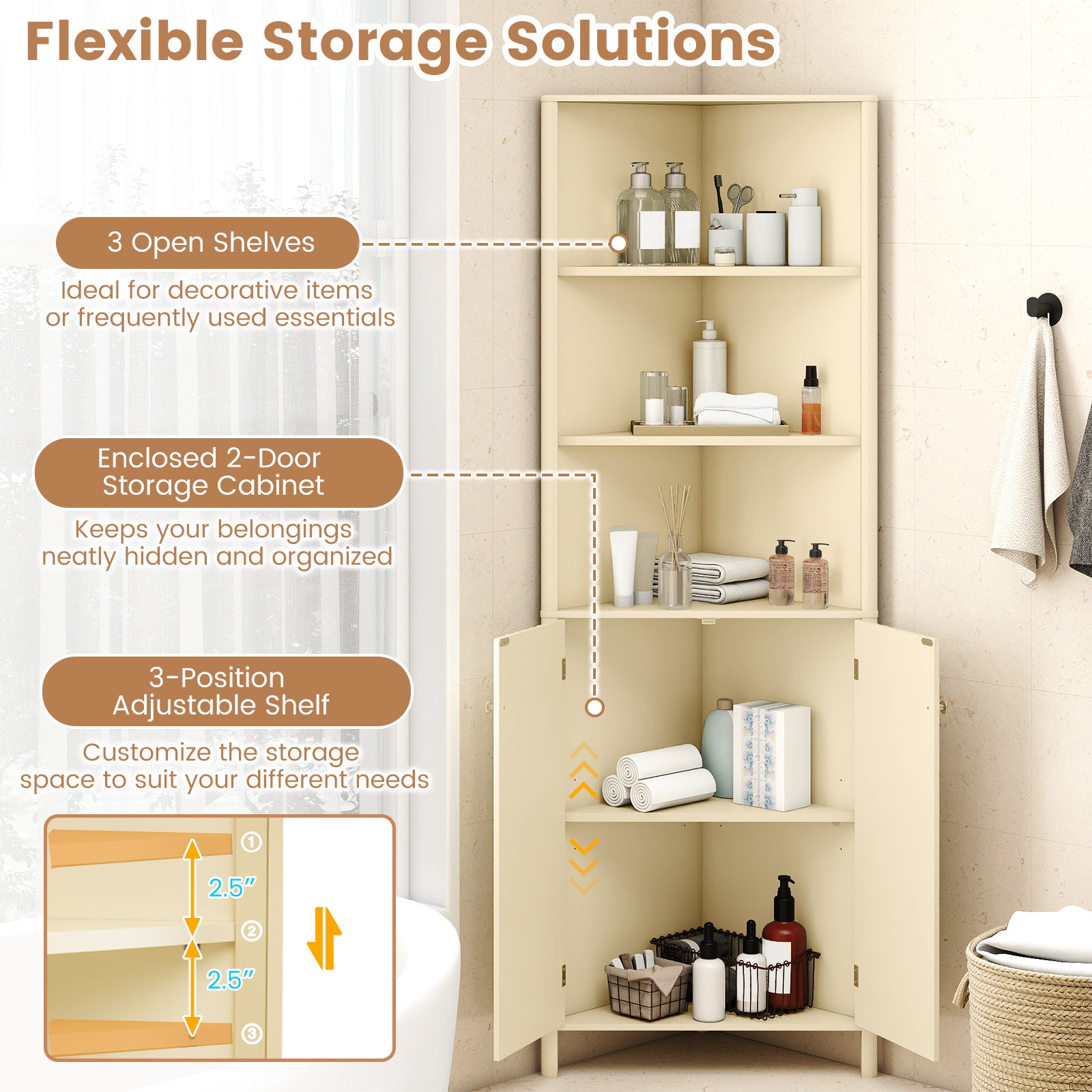 68 Inch Tall Corner Cabinet with 5 Shelves and 2 Fluted Doors for Bathroom, Beige Floor Cabinets at Gallery Canada
