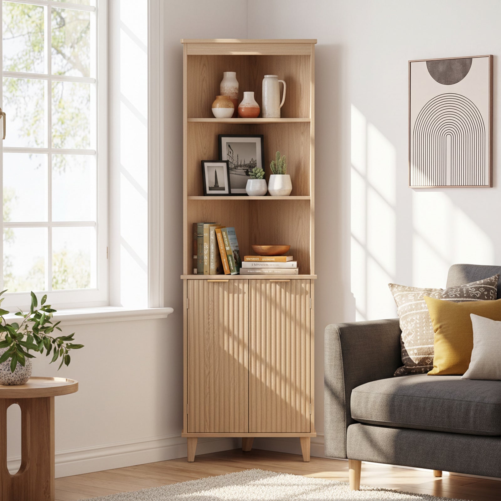 68 Inch Corner Cabinet With Fluted Doors, Oak Floor Cabinets at Gallery Canada