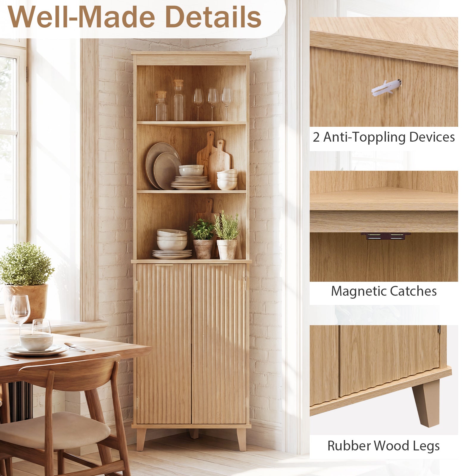 68 Inch Corner Cabinet With Fluted Doors, Oak Floor Cabinets at Gallery Canada