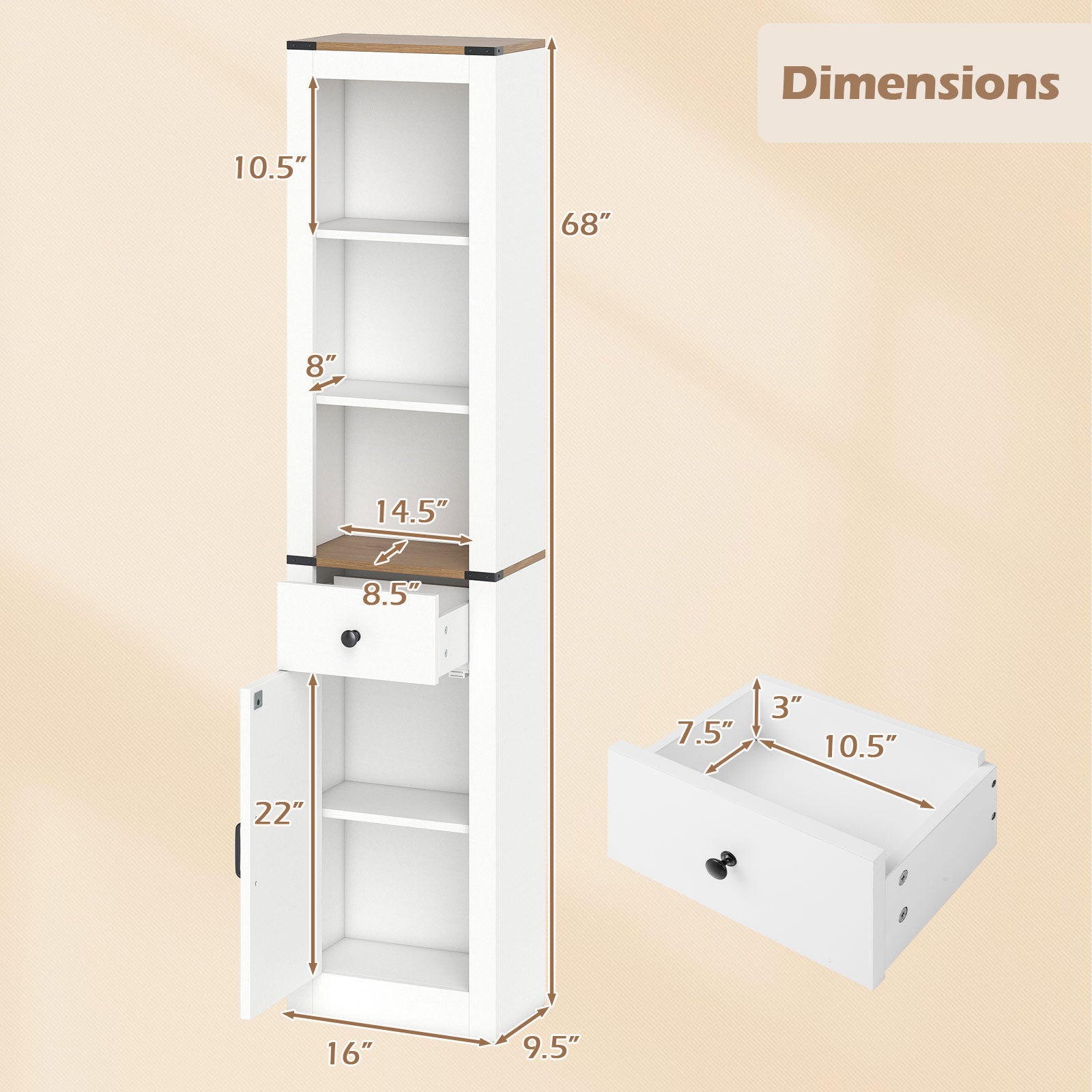 68 Inch Tall Bathroom Cabinet, Barn Door, Narrow Slim Storage, Drawer, White Floor Cabinets at Gallery Canada