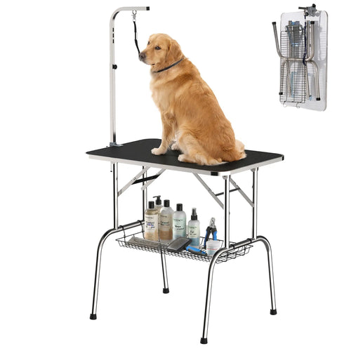 36-Inch Dog Grooming Table, Stainless Steel, Adjustable Arm, Basket