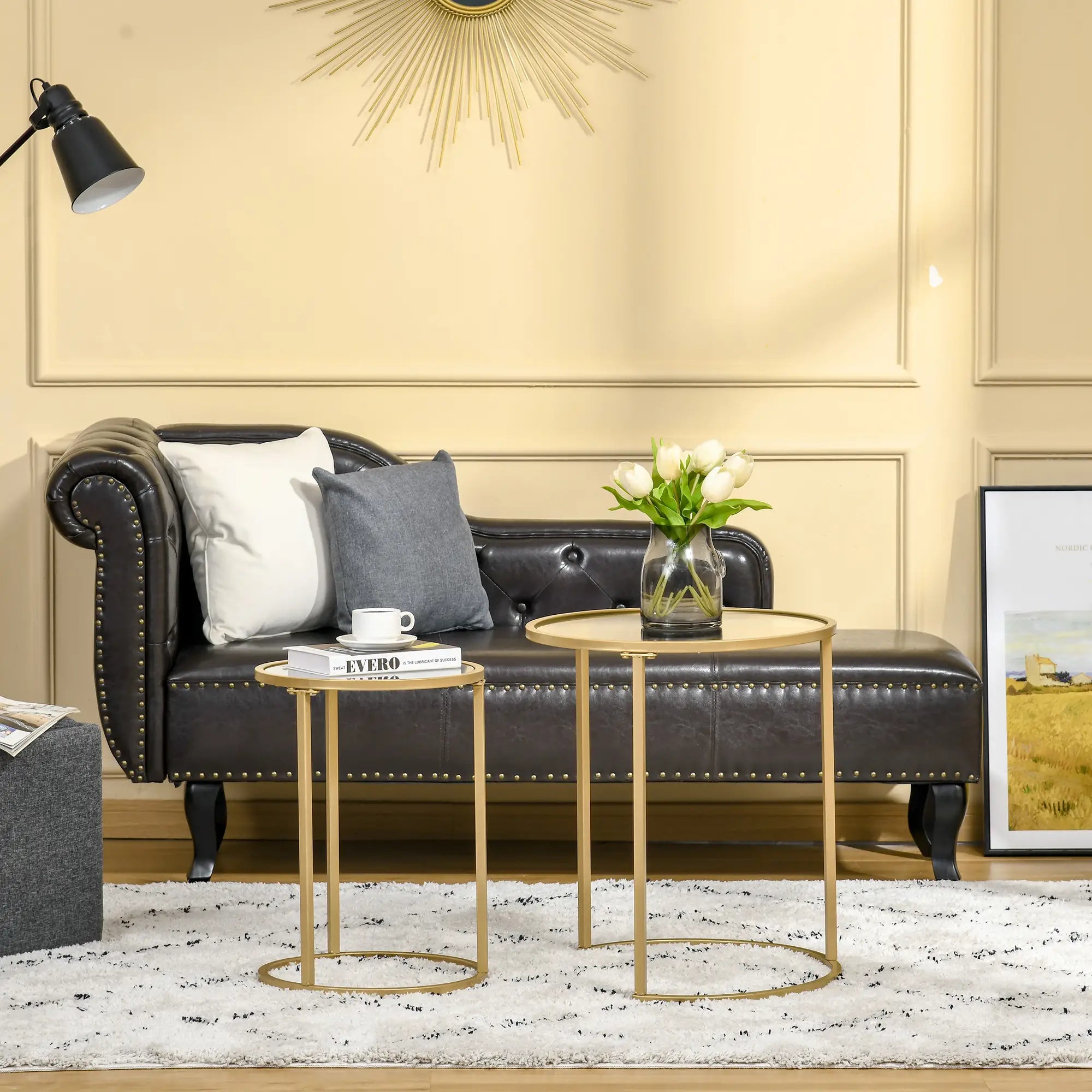 Set of 2 Nesting Coffee Tables, Round Side Table with Tempered Glass, Gold Side Tables at Gallery Canada