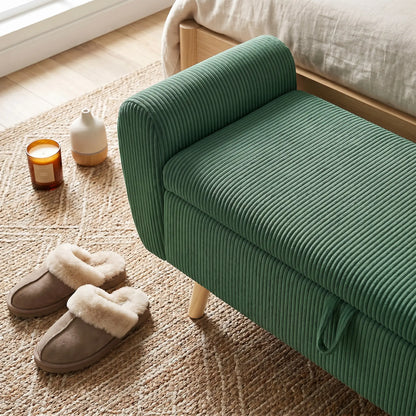 Storage Ottoman, 59" Corduroy Bed Bench, Dark Green Storage Ottomans & Benches at Gallery Canada