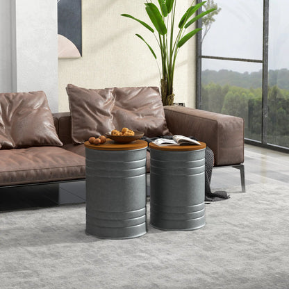 Round Side Table Set of 2, Nesting Coffee Tables, Wooden Lid, Galvanized Frame, Hidden Storage, Grey Side Tables at Gallery Canada