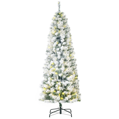 6ft Prelit Snow Flocked Pencil Christmas Tree, Warm White LED, Green