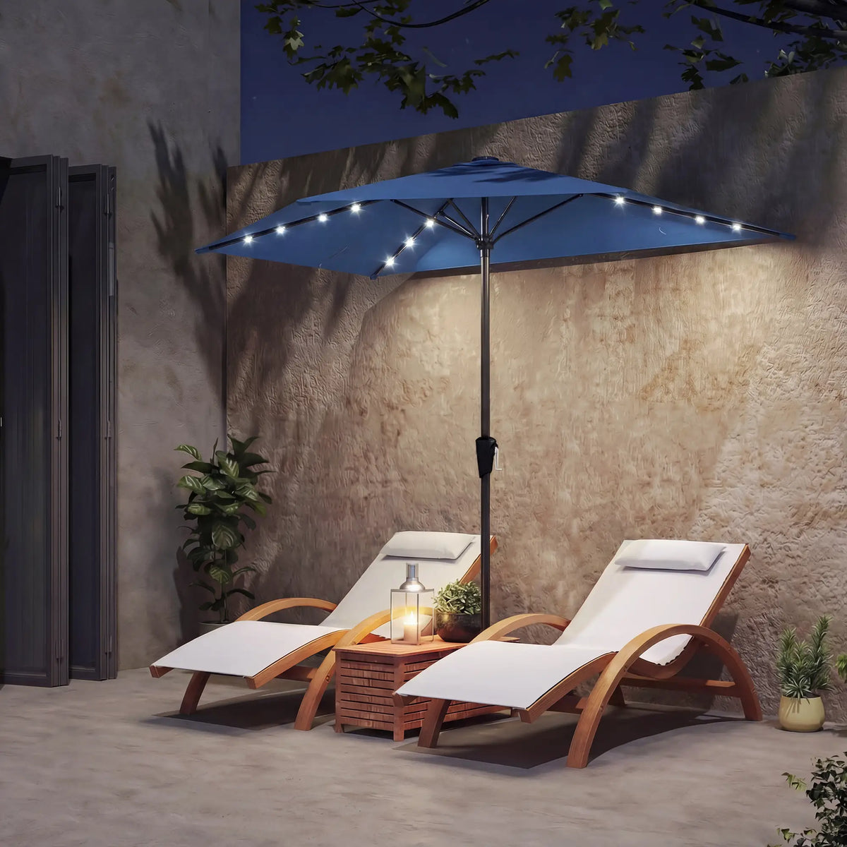 Half Patio Umbrella With Solar LED Lights, Crank, 105.1" x 53.5", Navy Blue Half Round Umbrellas at Gallery Canada