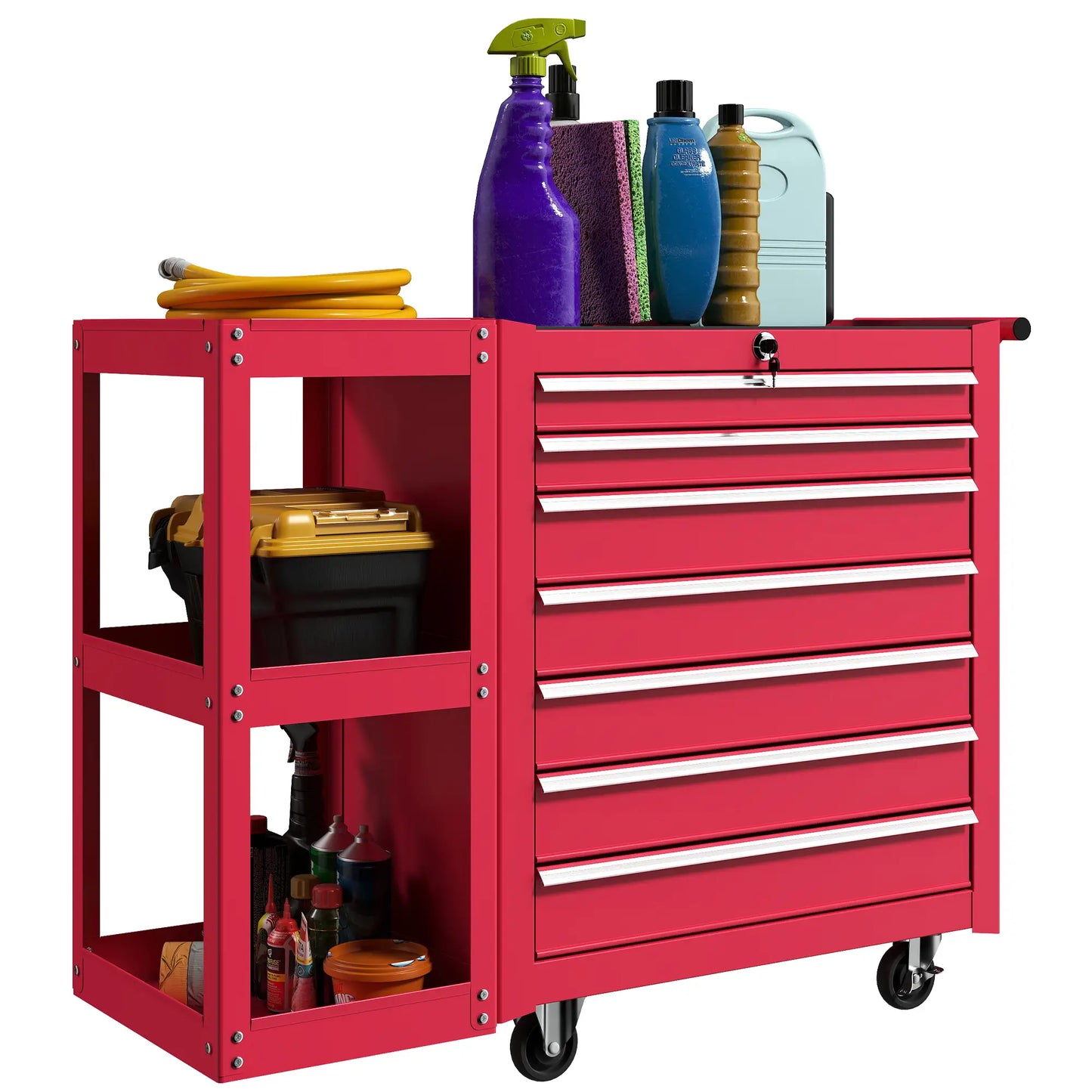 Coffre à outils roulant à 7 tiroirs, armoire verrouillable avec étagère latérale, rouge