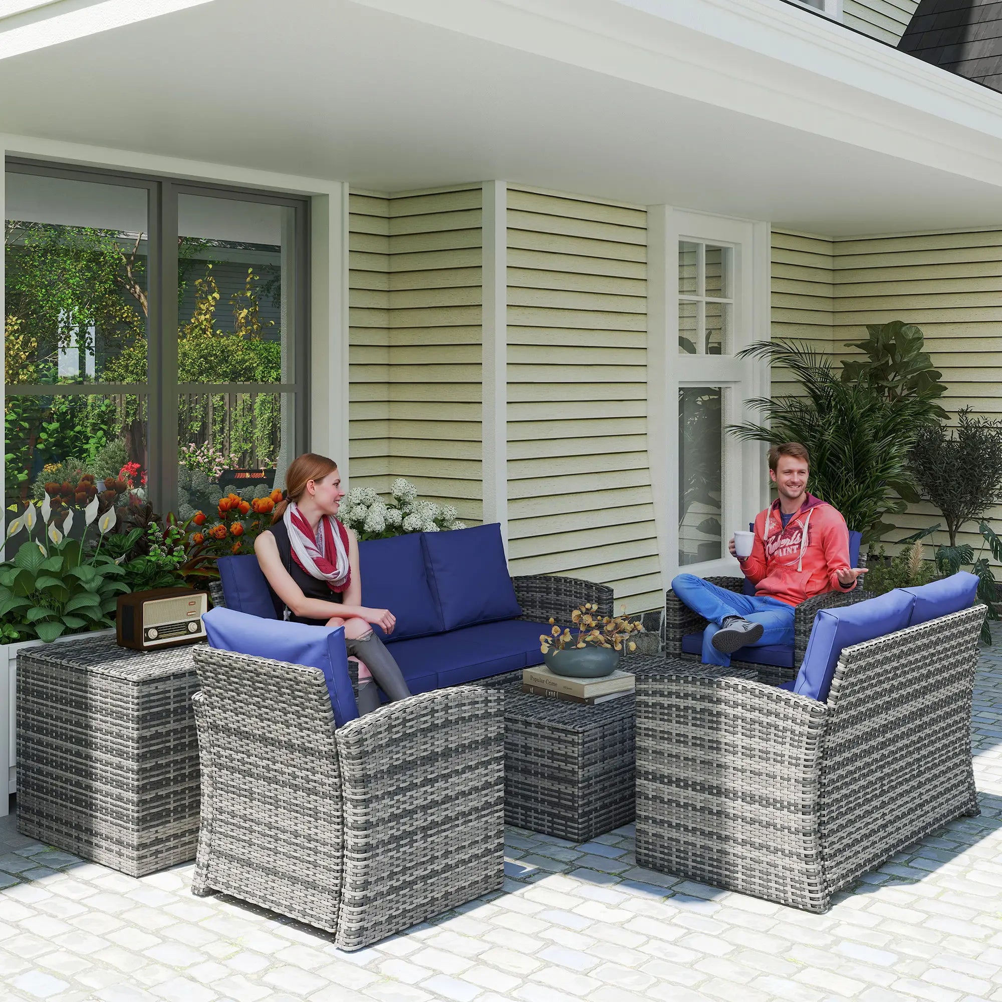 6-Piece Wicker Patio Set with Cushions, 7-Seater Rattan Sofa, Navy Blue Patio Furniture Sets at Gallery Canada