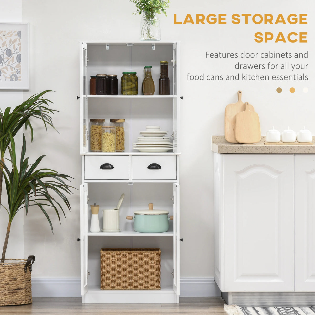 61" Kitchen Pantry Cabinet, Freestanding Farmhouse Style, White Kitchen Pantry Cabinets at Gallery Canada