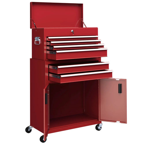 6-Drawer Rolling Tool Chest, 2 in 1 Lockable Storage Cabinet, Red
