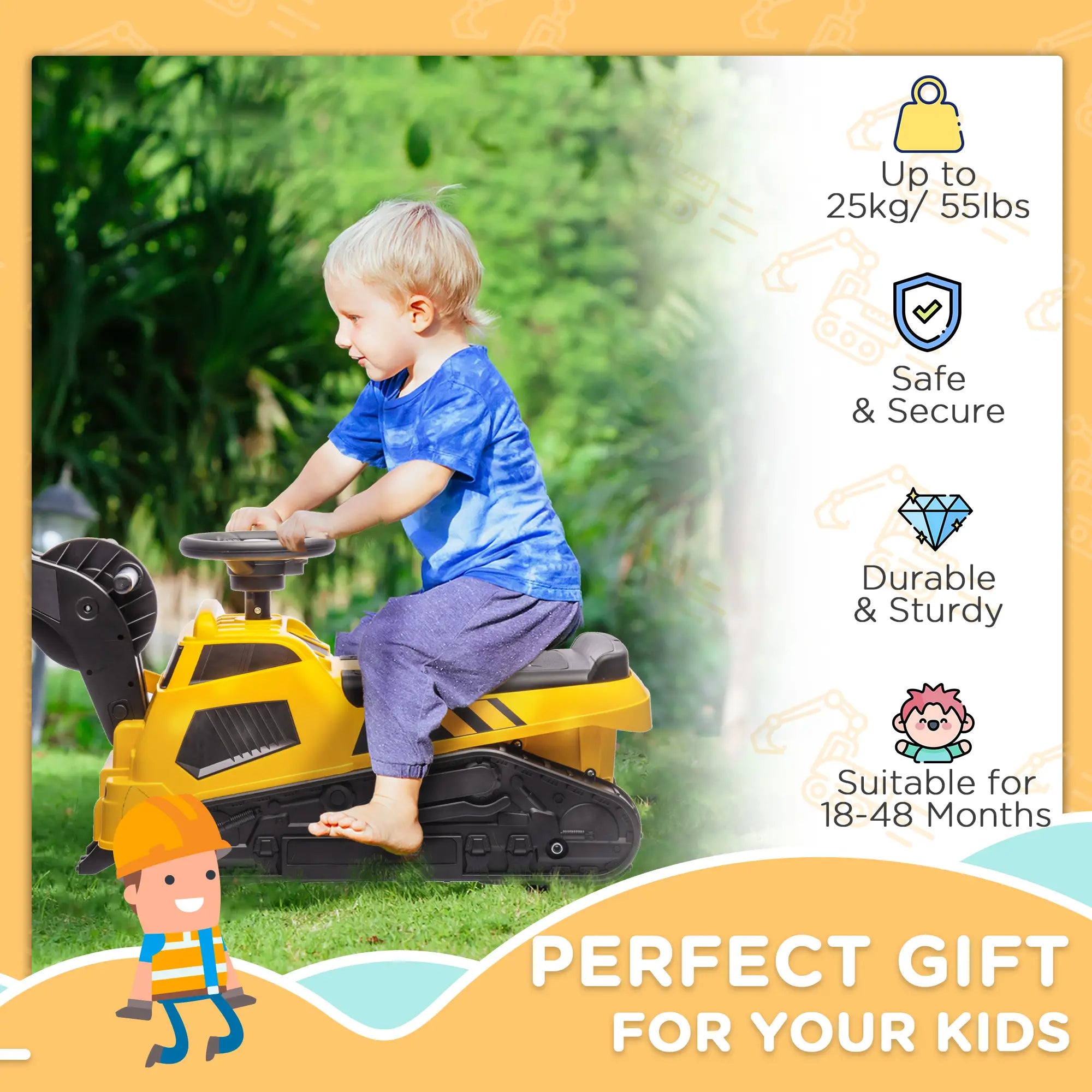 3 in 1 Ride on Excavator, Bulldozer, Road Roller, No Power, Yellow Toy Excavators at Gallery Canada