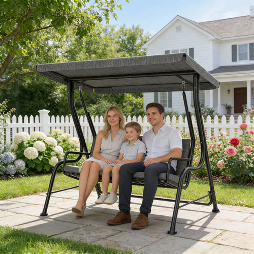 3-Person Porch Swing Chair, Adjustable Canopy, Removable Cushion, Black