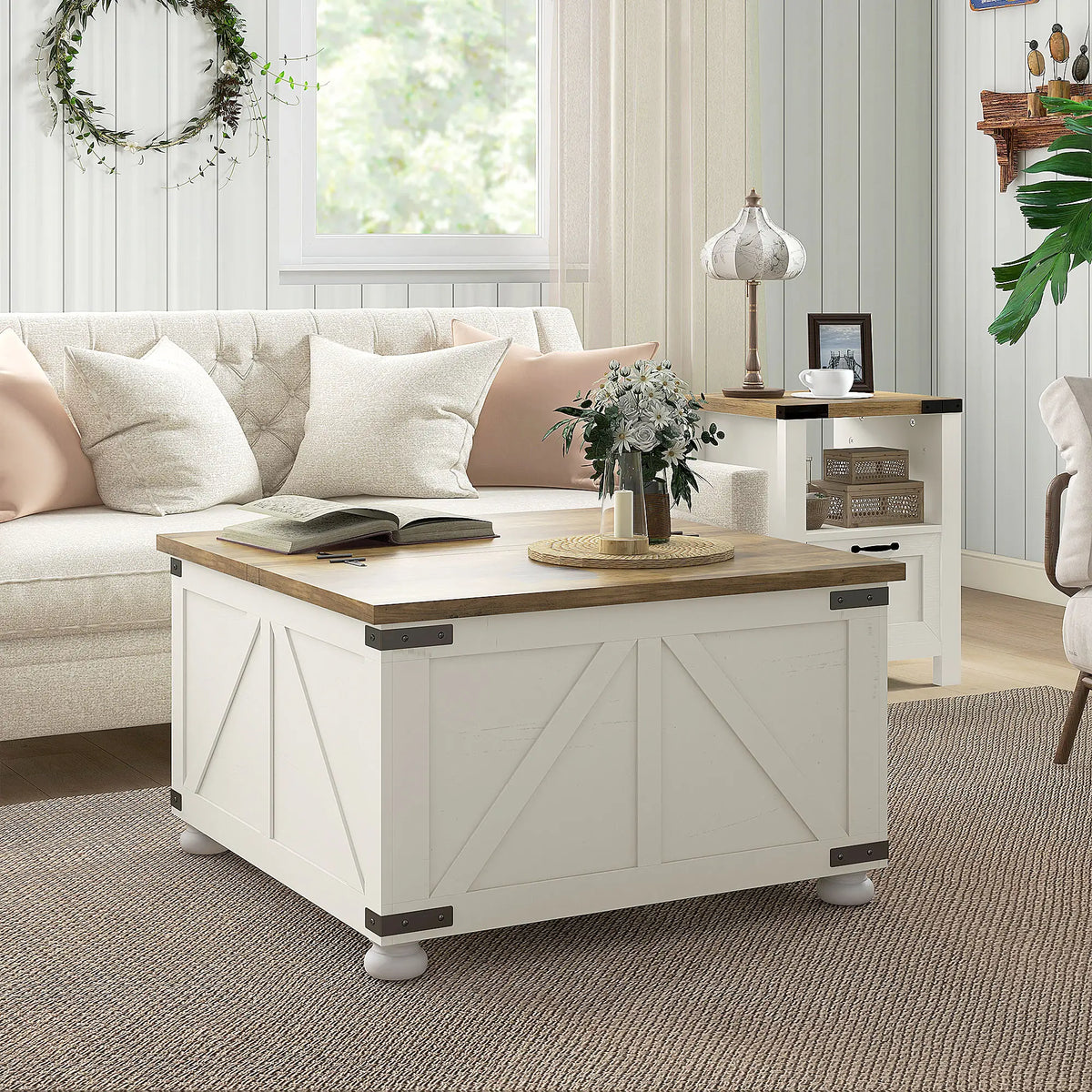 Farmhouse Coffee Table, Square Flip-Top, Hidden Storage, Antique White Coffee Tables at Gallery Canada