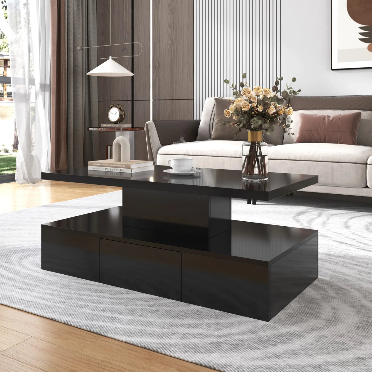 High-Gloss Coffee Table, Hidden Drawer, 39.5" L x 19.5" W x 15.5" H, Black Coffee Tables at Gallery Canada