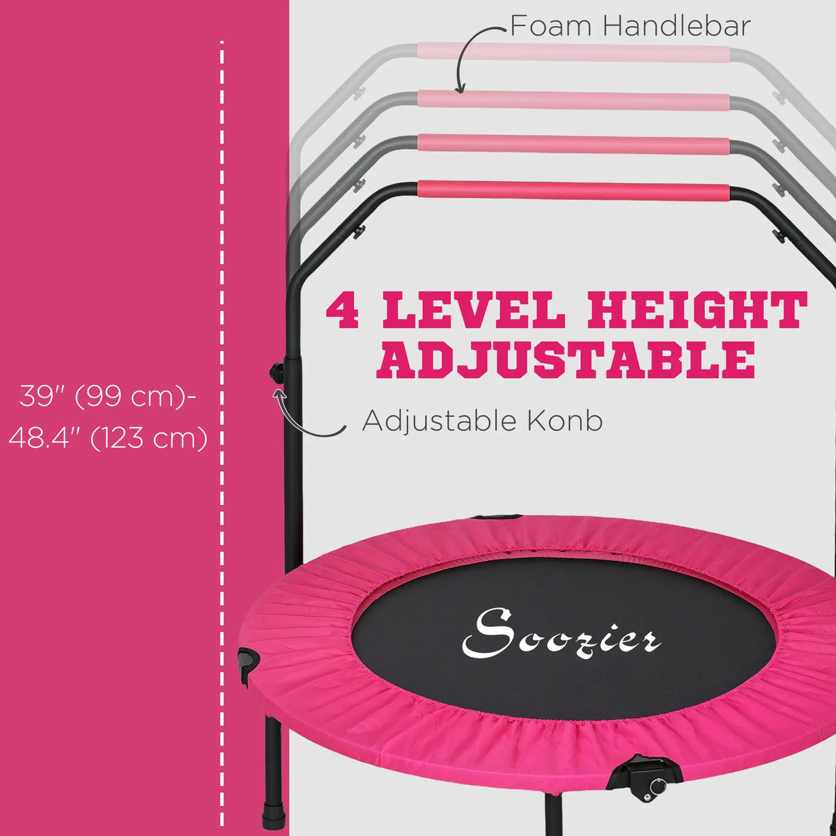 40" Foldable Mini Fitness Trampoline, Adjustable Foam Handle, Pink Trampolines at Gallery Canada