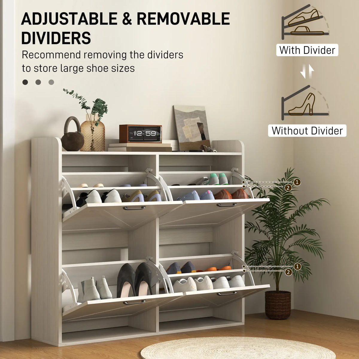 Narrow Shoe Storage Cabinet, 4 Flip Drawers, Adjustable Shelves, 16 Pair, White Oak Shoe Storage Cabinets & Racks at Gallery Canada