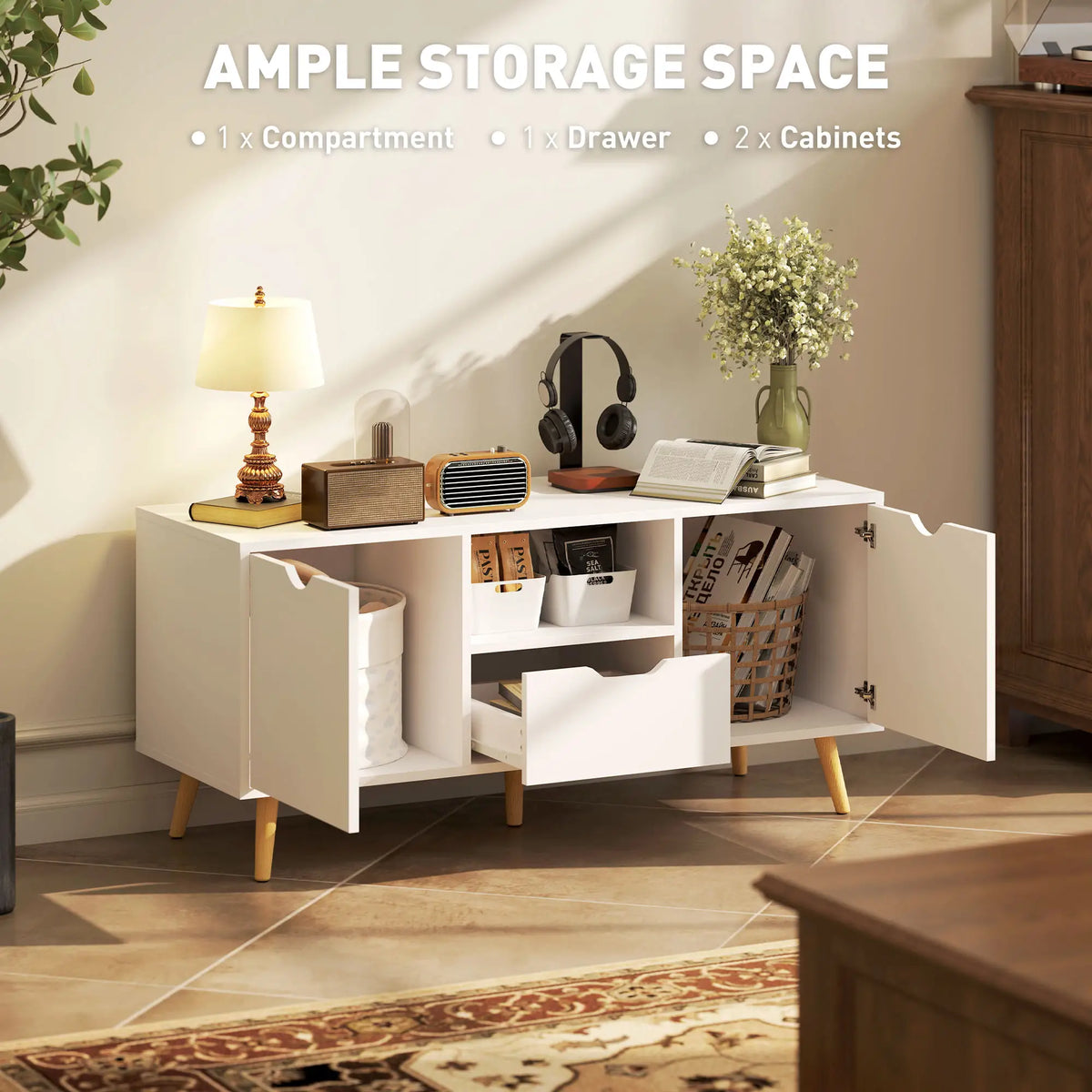 TV Stand for 50" TV, Storage with Shelf, Drawer, 2 Cabinets, White TV Stands at Gallery Canada