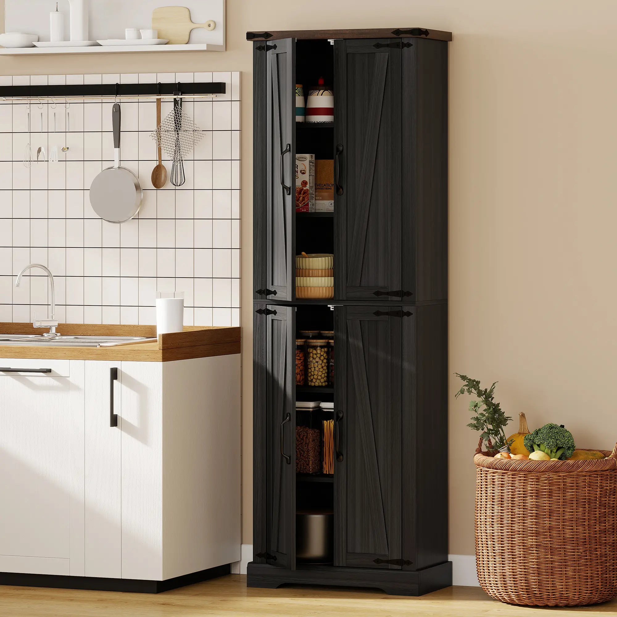 72 Inch Pantry Cabinet, Farmhouse Kitchen Storage with Adjustable Shelves, Black Kitchen Pantry Cabinets at Gallery Canada