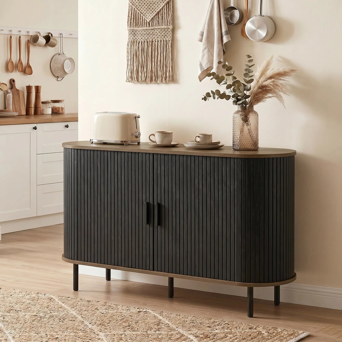 Fluted Sideboard Buffet Cabinet, 55", Black Storage Cabinets at Gallery Canada
