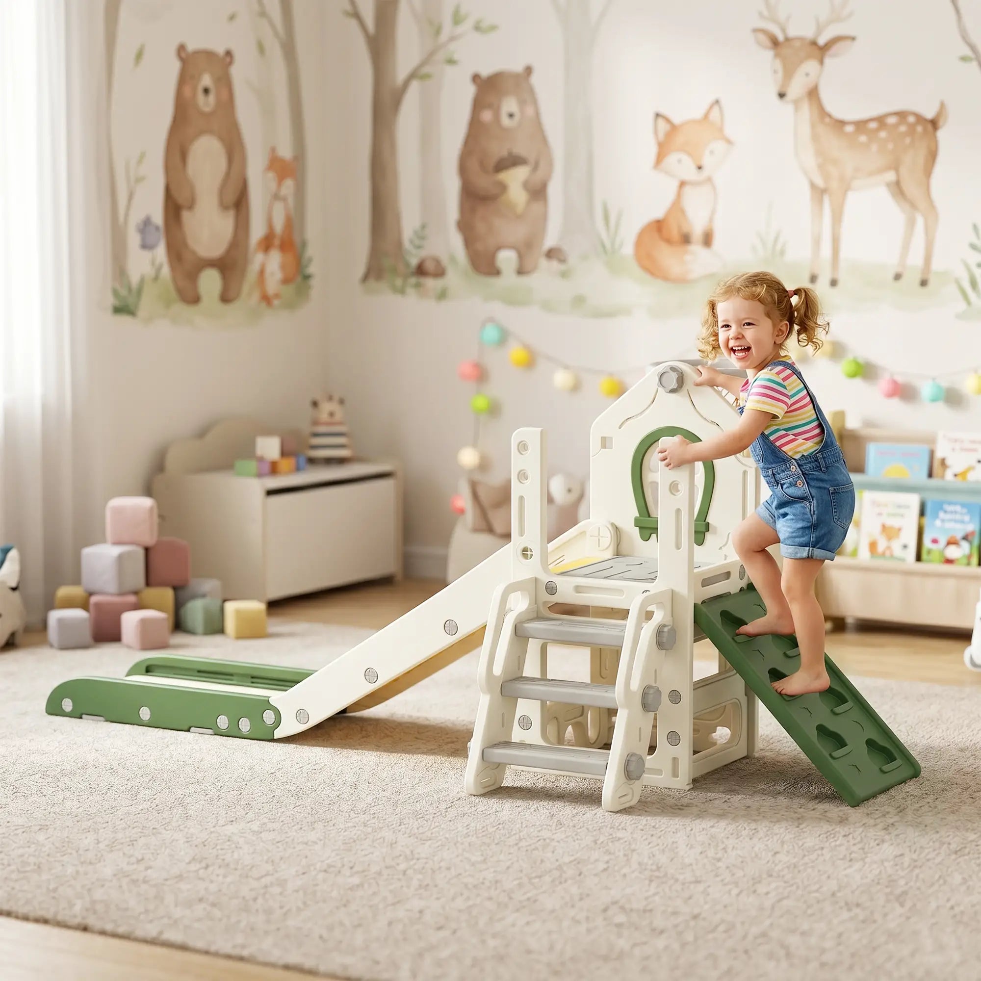 Foldable 4 in 1 Toddler Slide with Climber, Basketball Hoop, Storage Space and Basketball for Ages 1-3 Years, Cream Gym Sets & Swings at Gallery Canada