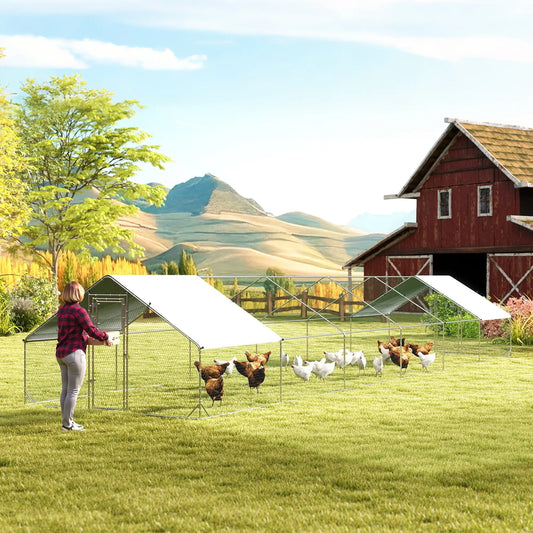 Metal Chicken Coop With Water And UV Protection Cover, 39.4' x 9.8' x 6.4' Chicken Coops Silver at Gallery Canada