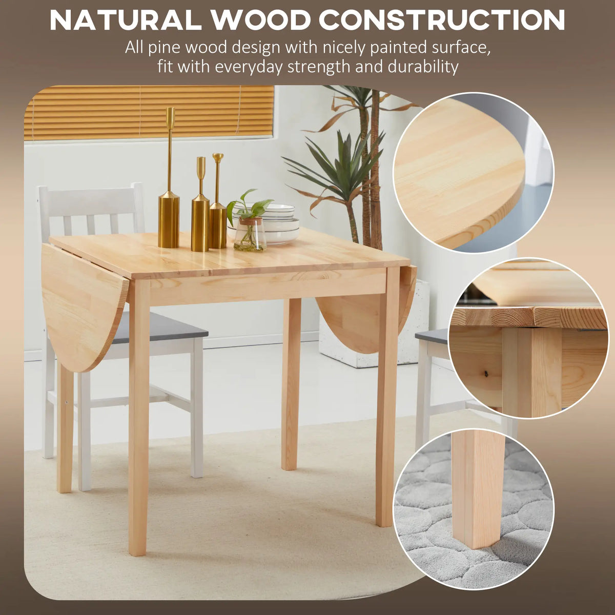 Solid Wood Drop Leaf Kitchen Table, Folding Dining Table, Natural
