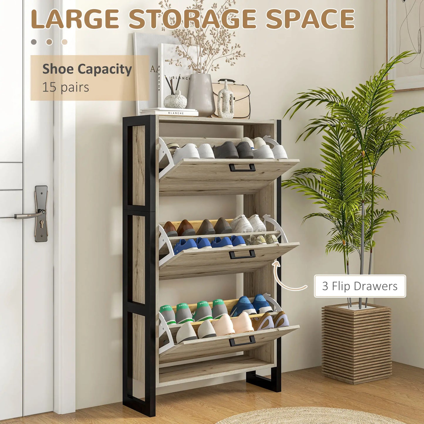 Shoe Cabinet, 3 Flip Drawer, Narrow for 15 Pairs, Walnut Shoe Storage Cabinets & Racks at Gallery Canada