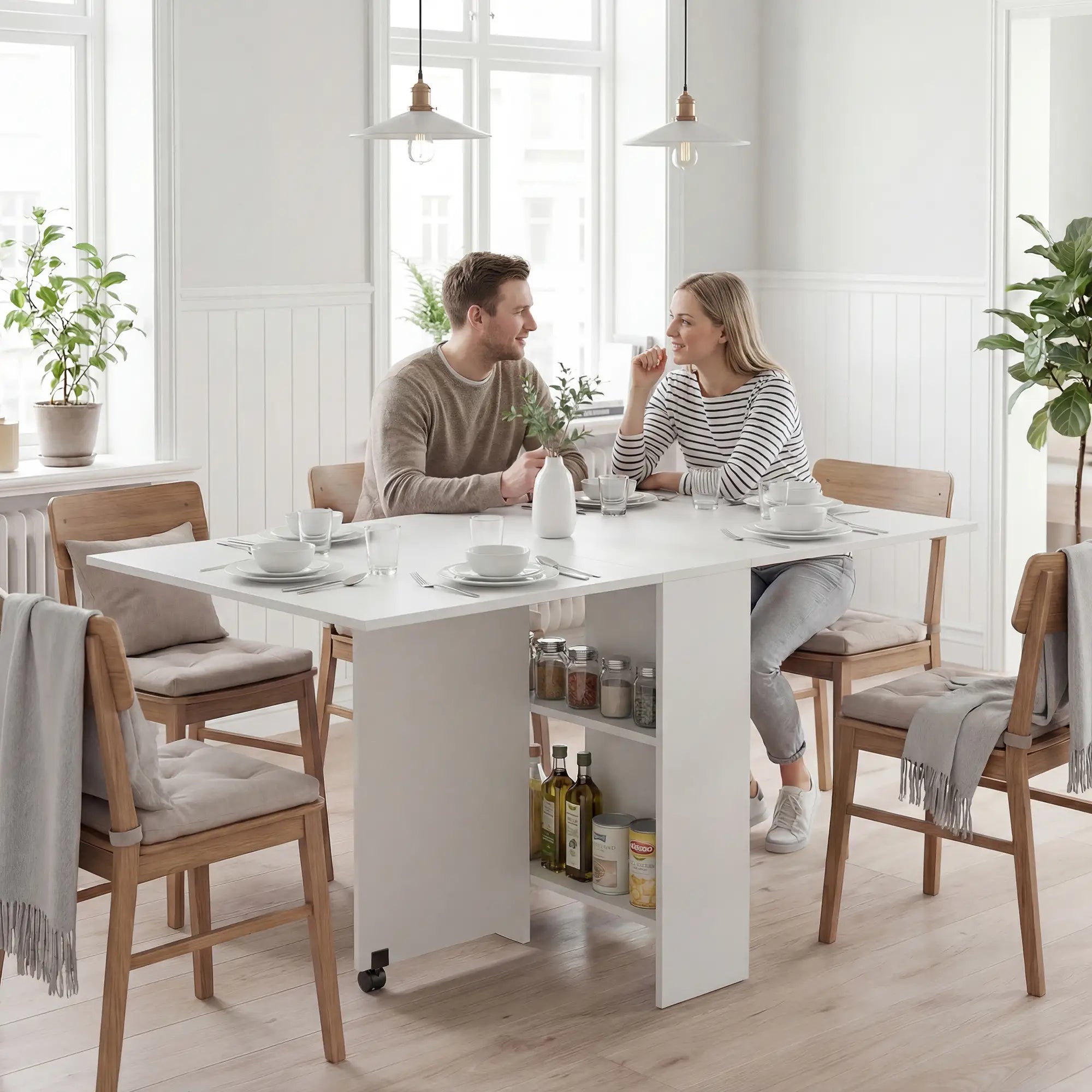 Extendable Dining Table, Collapsible w/ 2-Tier Shelves, Rolling Casters, White Bar Tables & Dining Tables at Gallery Canada