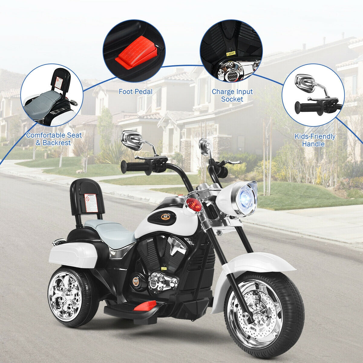 6V 3 Wheel Kids Motorcycle, White Powered Ride On Toys at Gallery Canada