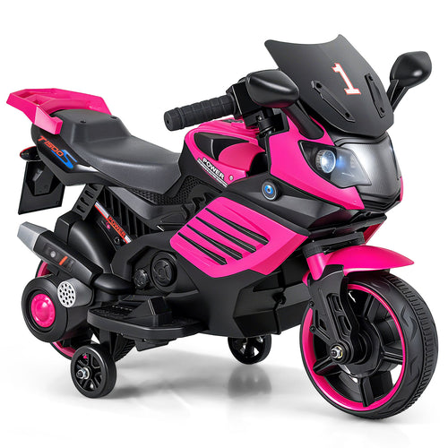 6V Kids Motorcycle With Headlights, Music, Detachable Training Wheels, Pink