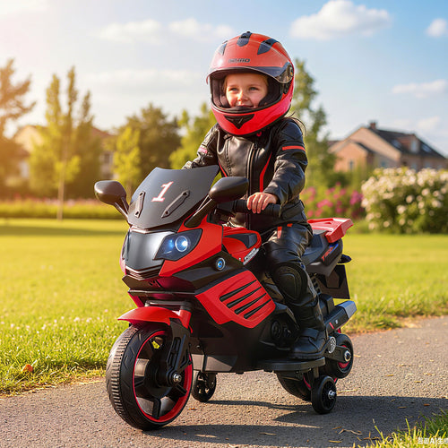 6V Kids Motorcycle, With Headlights, Music, Detachable Training Wheels, Red