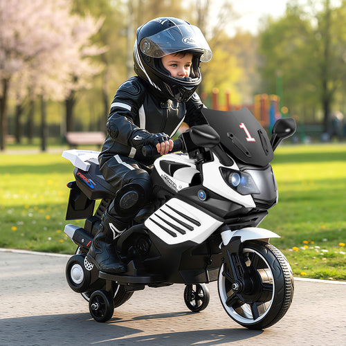 6V Kids Motorcycle, With Headlights Music Detachable Training Wheels, White