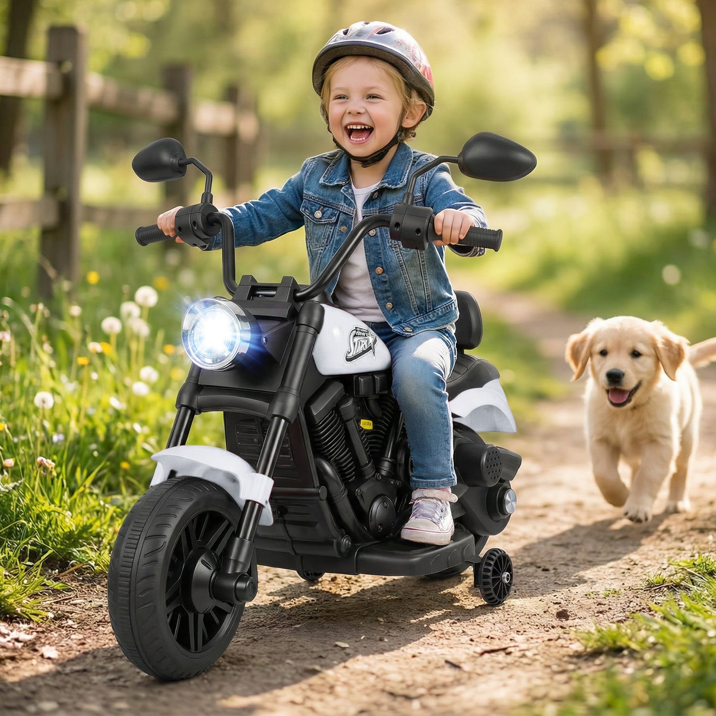 6V Kids Motorcycle with Headlight and Music and Training Wheels, White Powered Ride On Toys at Gallery Canada