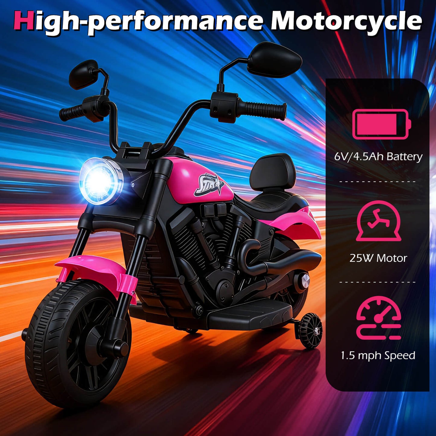 6V Kids Motorcycle with Headlight and Music and Training Wheels, Pink Powered Ride On Toys at Gallery Canada
