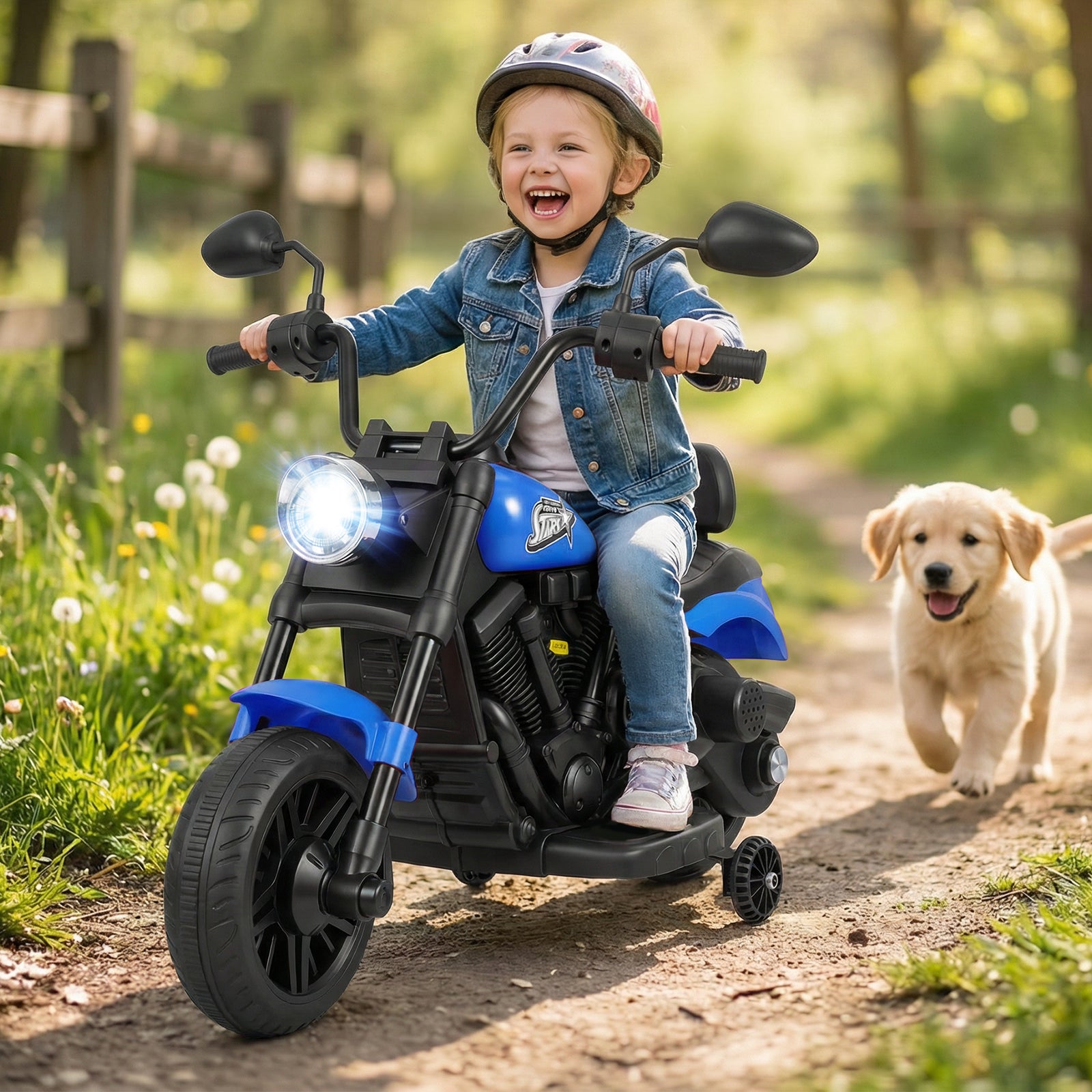 6V Kids Motorcycle with Headlight and Music and Training Wheels, Navy Powered Ride On Toys at Gallery Canada