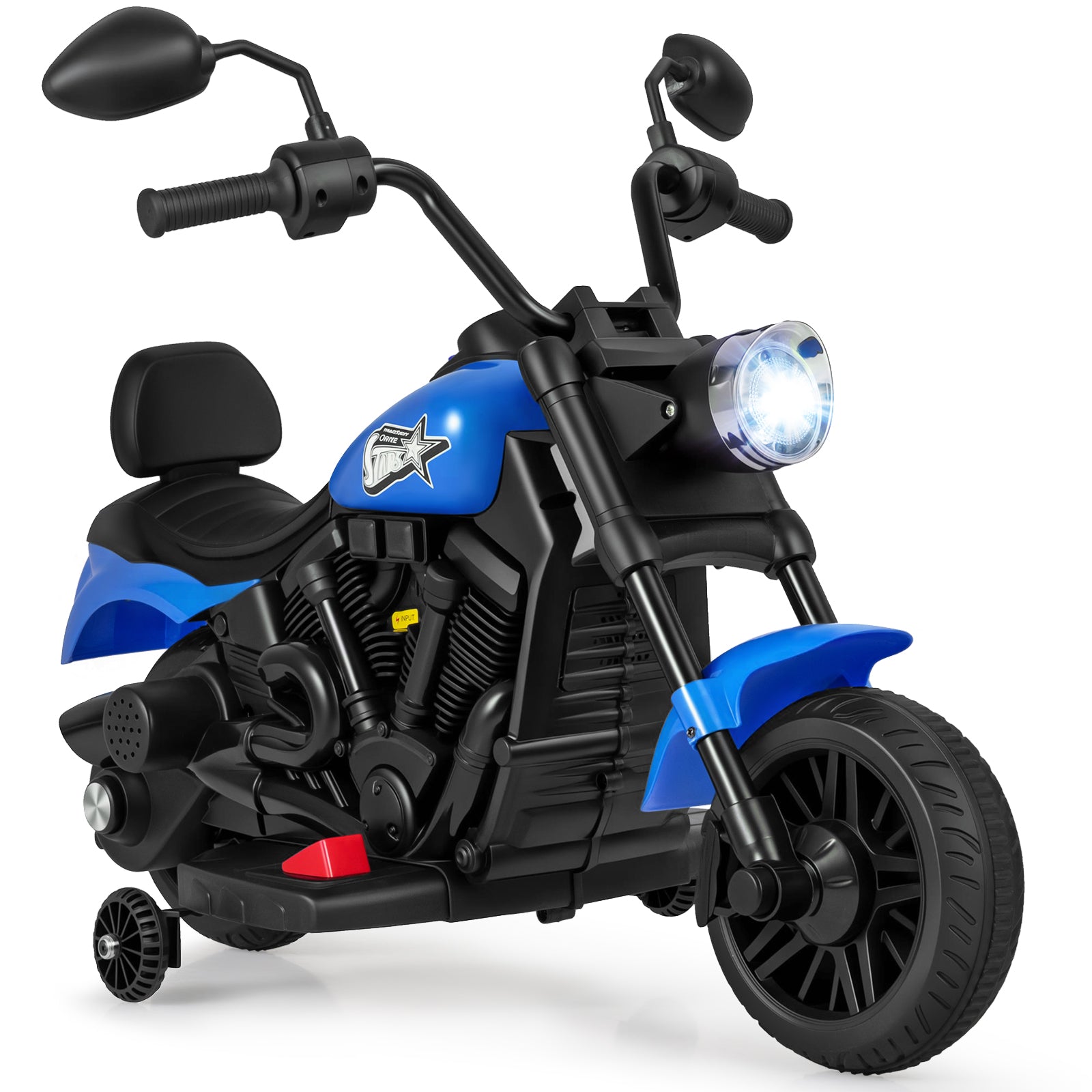 6V Kids Motorcycle with Headlight and Music and Training Wheels, Navy Powered Ride On Toys Navy at Gallery Canada