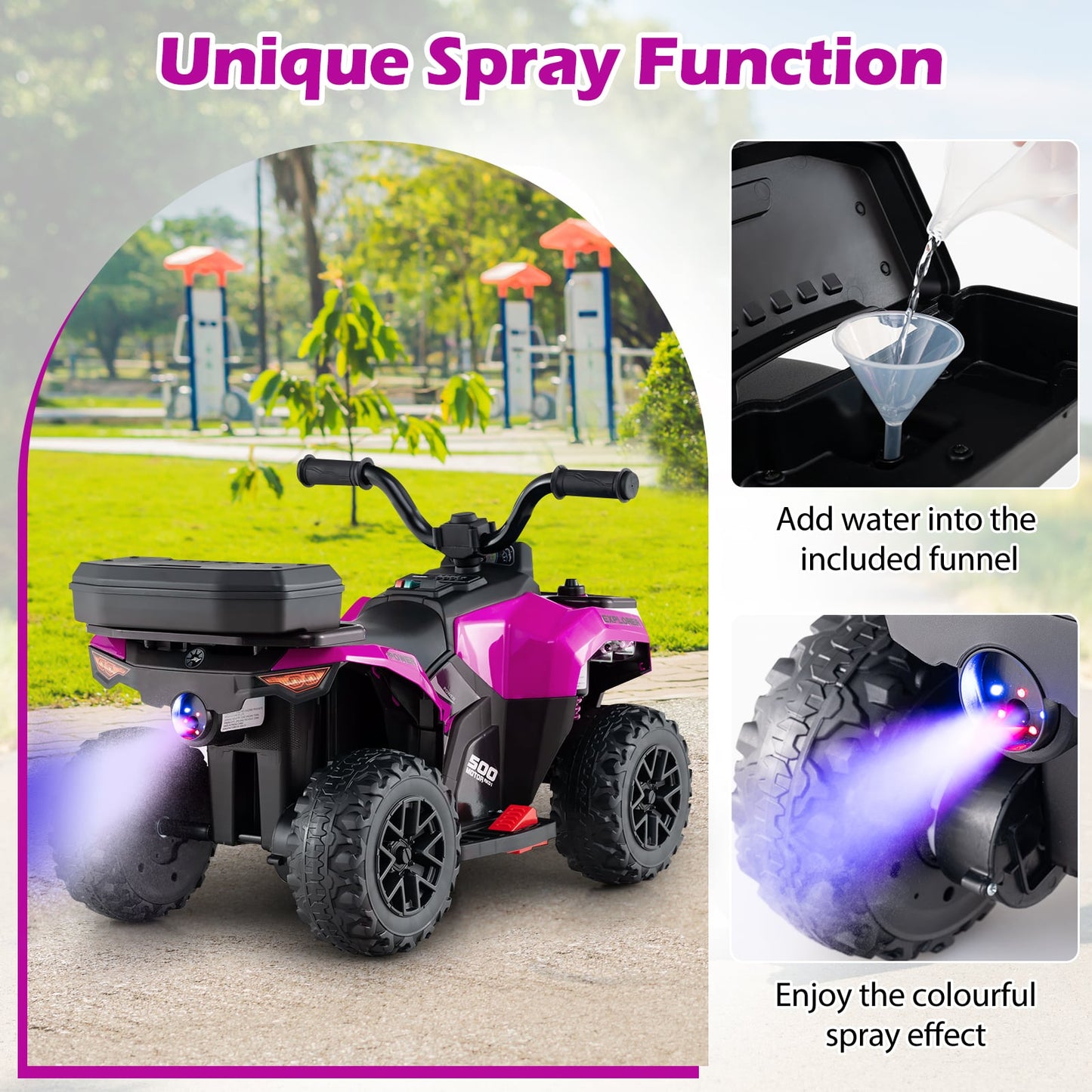 6V Kids Ride On ATV With Spray Function, Storage Box, Music, Pink Powered Ride On Toys at Gallery Canada
