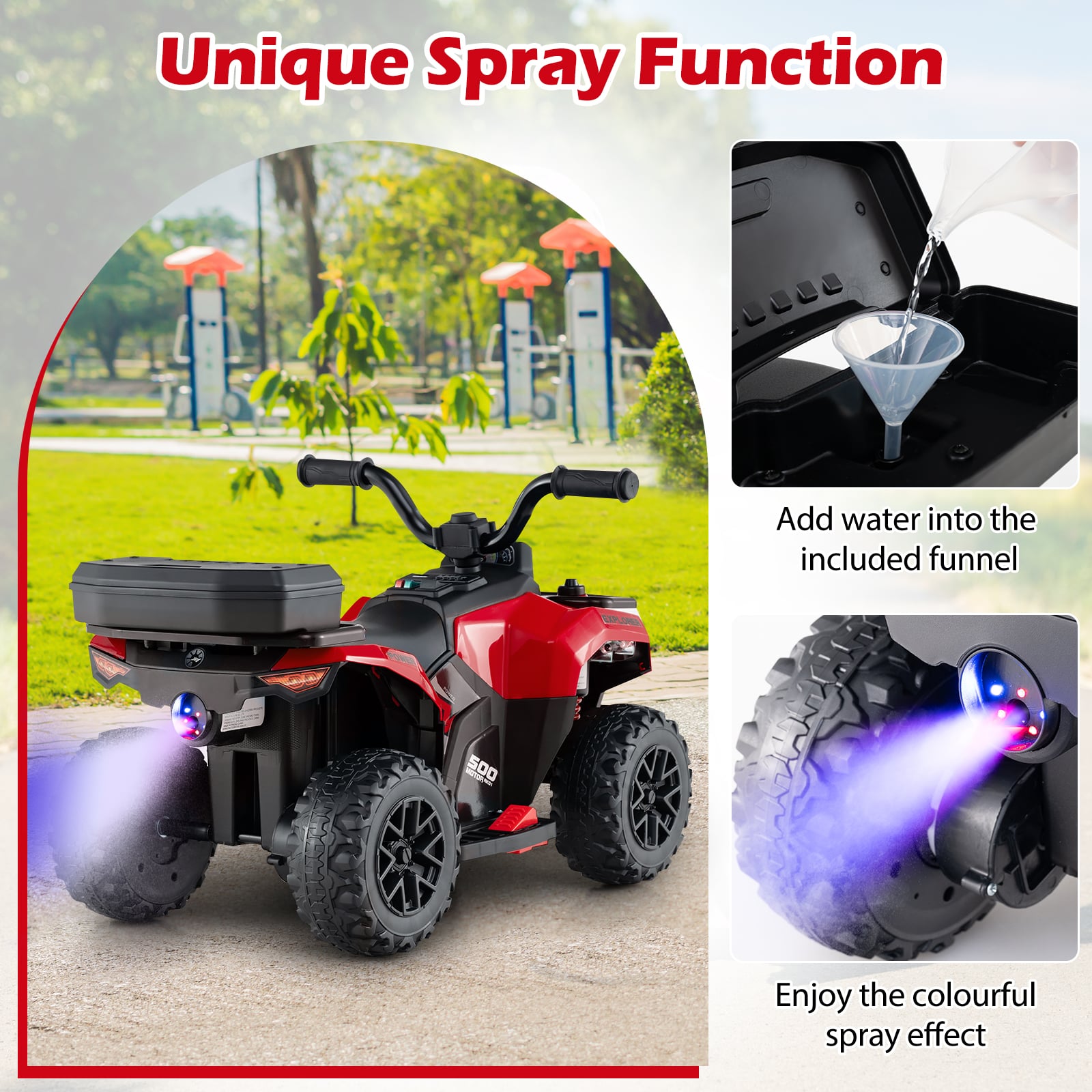 6V Kids Ride On ATV, Spray Function, Storage Box, Music, Red Powered Ride On Toys at Gallery Canada