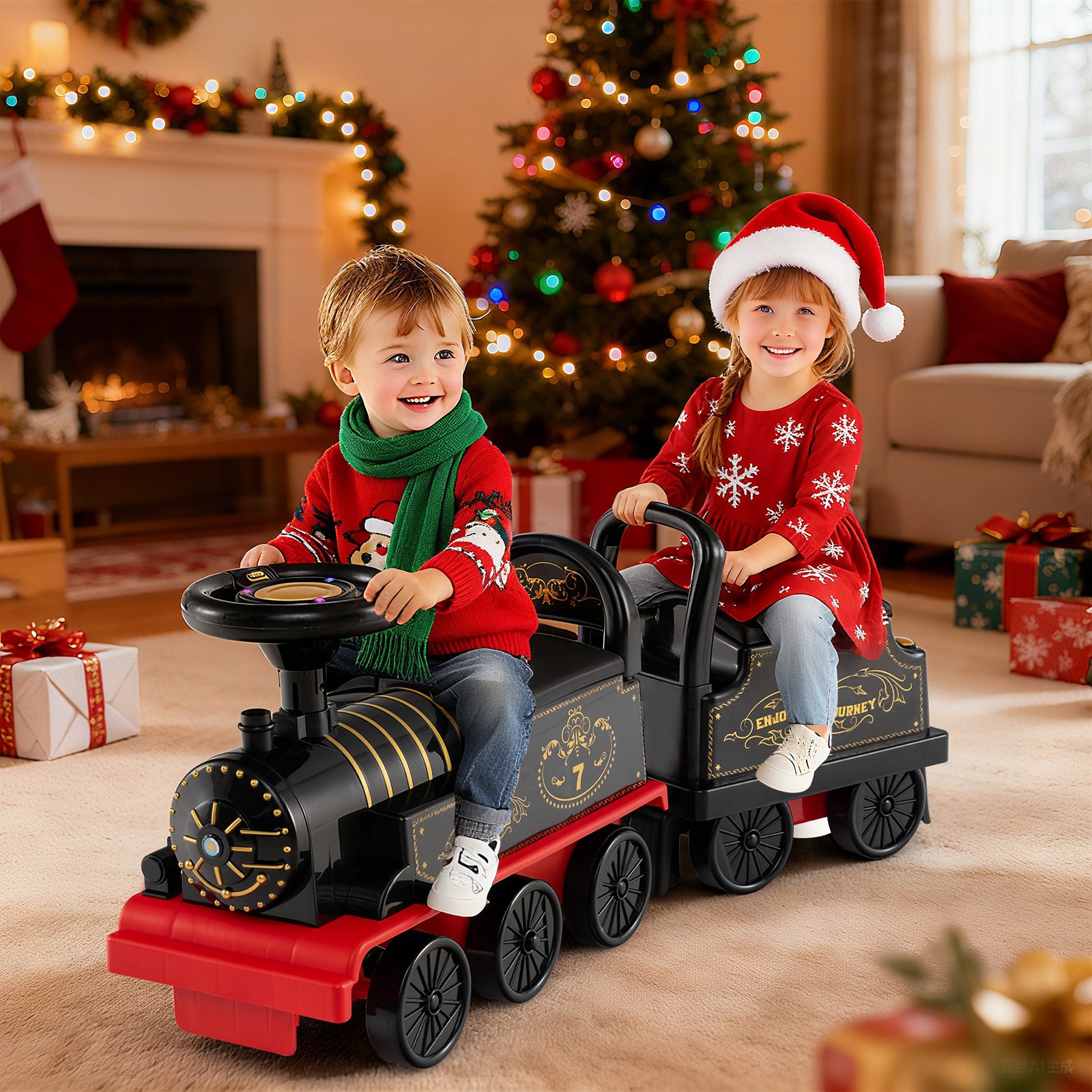 6V Ride On Train, 2-Seater With Carriage, Flashing LED Lights, Black Powered Ride On Toys at Gallery Canada