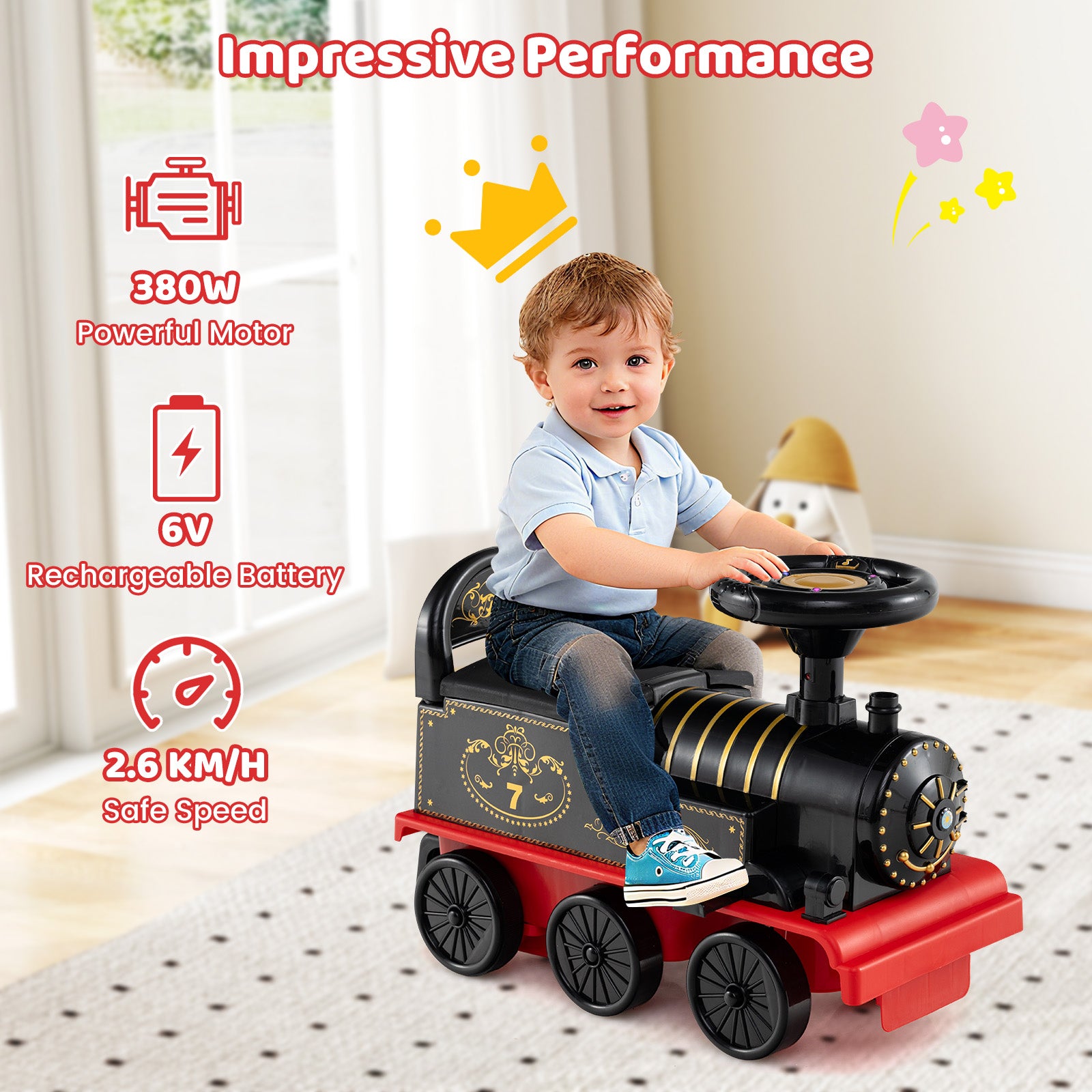 6V Ride On Train, 2-Seater With Carriage, Flashing LED Lights, Black Powered Ride On Toys at Gallery Canada