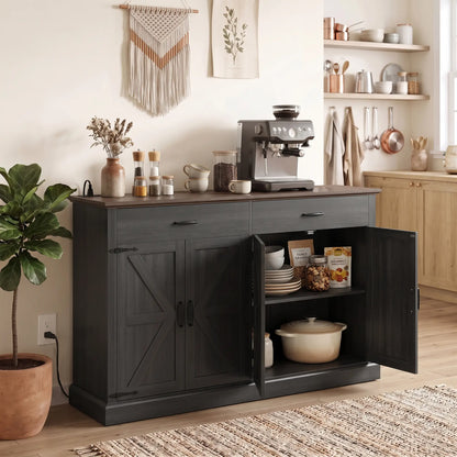 55" Black Buffet Cabinet, Farmhouse Sideboard, 4 Barn Doors, 2 Drawers, Black Storage Cabinets at Gallery Canada
