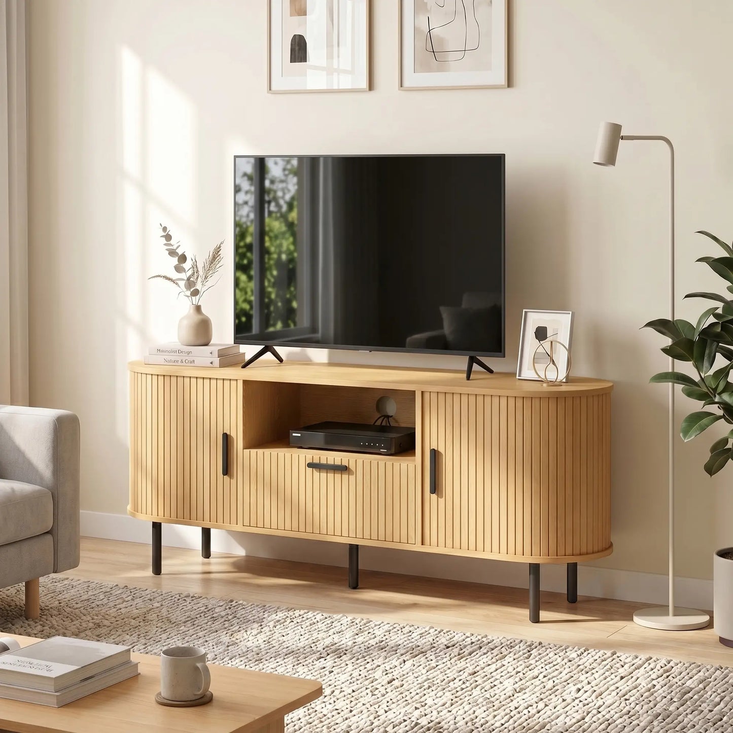 TV Stand for TVs up to 60", Modern Entertainment Center with Curved Sliding Doors and Storage, Natural Wood TV Stands at Gallery Canada