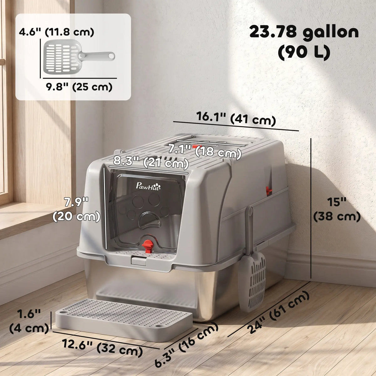 XL Stainless Steel Enclosed Cat Litter Box, Lid, Scoop, Step, Grey Cat Litter Box Enclosures at Gallery Canada