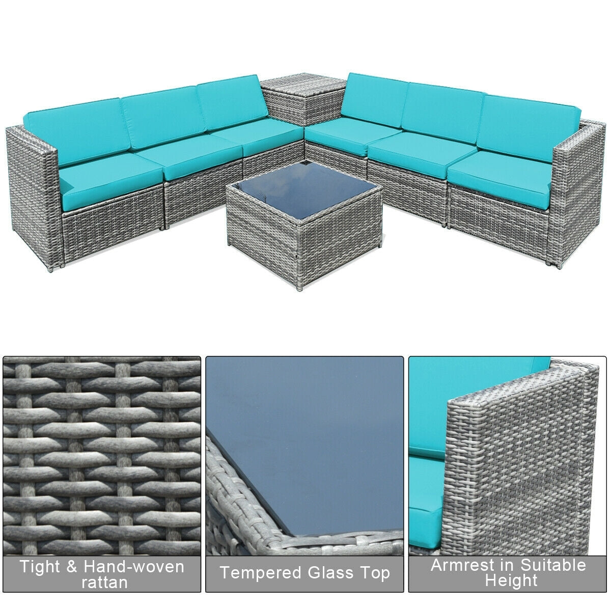8 Piece Wicker Rattan Patio Dining Set, With Storage Table, Turquoise Outdoor Sectionals at Gallery Canada