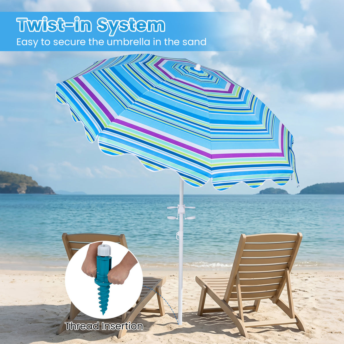 Beach Umbrella UPF 50+, 6.5 FT with Sand Anchor, Blue Outdoor Umbrellas at Gallery Canada