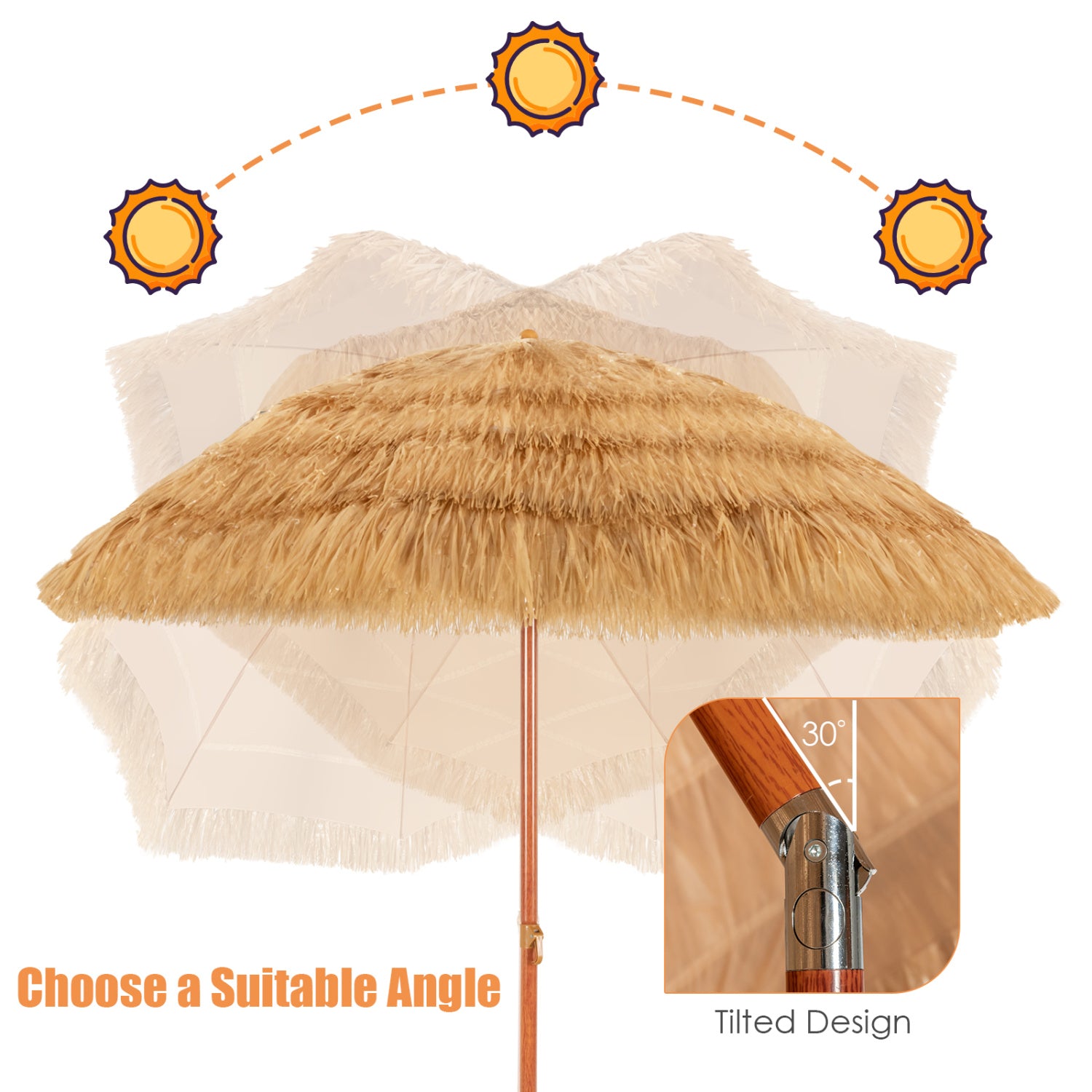 6.5 Feet Portable Thatched Tiki Beach Umbrella with Adjustable Tilt for Backyard Outdoor Umbrellas at Gallery Canada