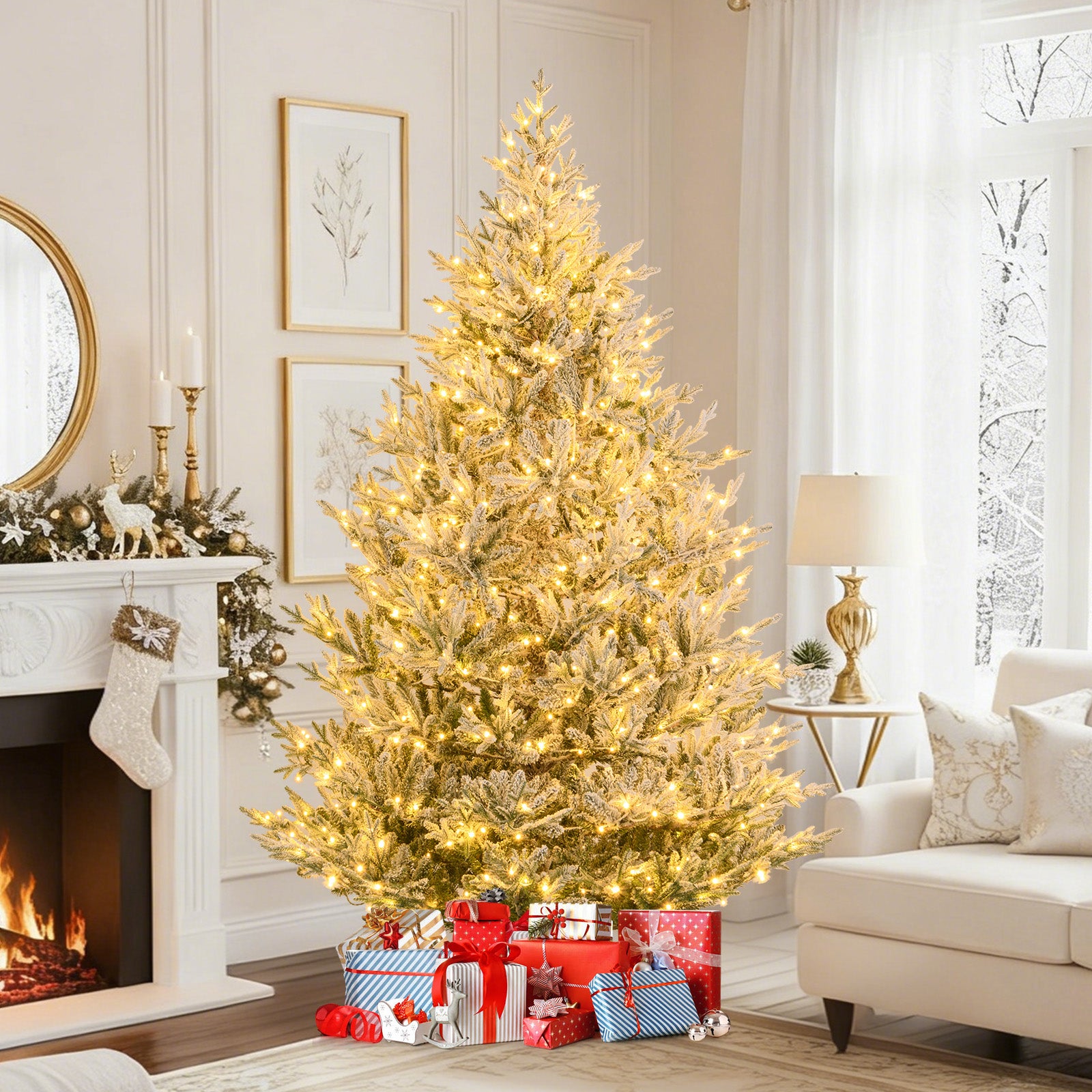 Pre-Lit Artificial Christmas Tree, 8 Feet, Hinged Snow Flocked, Green Christmas Tree at Gallery Canada